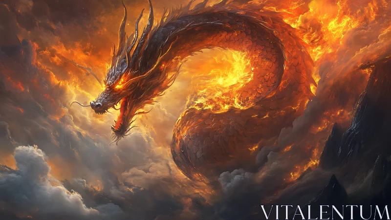 Infernal serpentine dragon coils through volcanic storm sky.