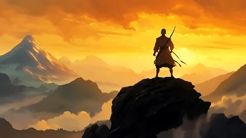 Lone mountain wanderer greeting a molten golden sunrise.