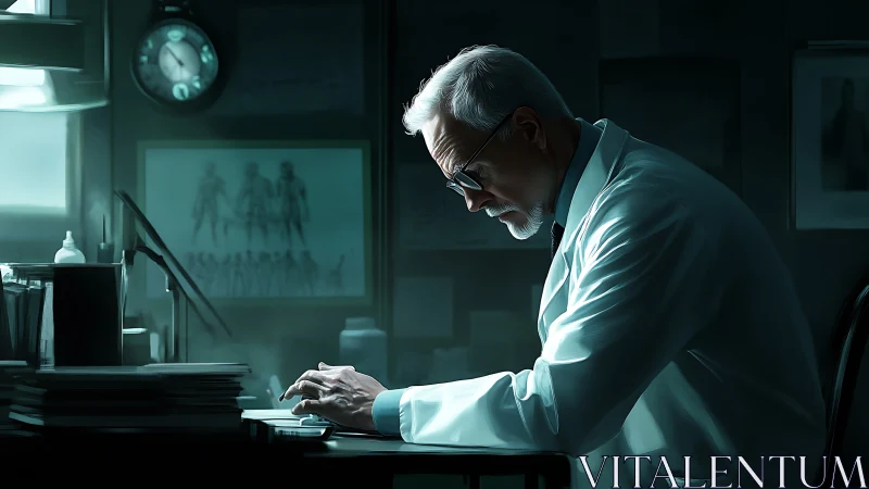 Older scientist works late at cluttered lab desk in dim light.