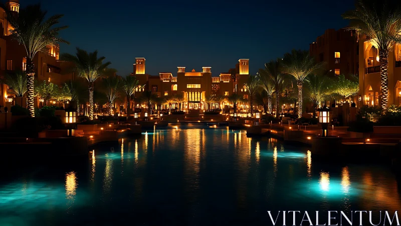 Palmlit lagoon promenade under sapphire Arabian nightfall.
