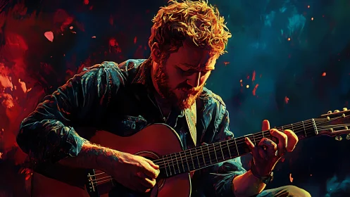 Digital painting depicts guitarist in intense chromatic chiaroscuro