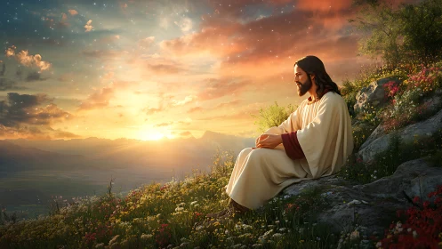 Serene robed figure on flowered hillside at radiant sunset.