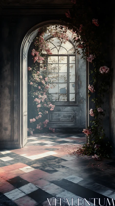 Interior archway with roses and tiled floor in soft light.
