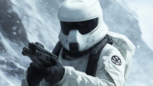 Armored sci fi soldier advances through a hostile ice storm