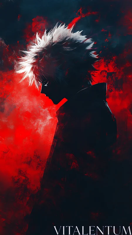 Silhouetted white haired figure stands against violent red haze