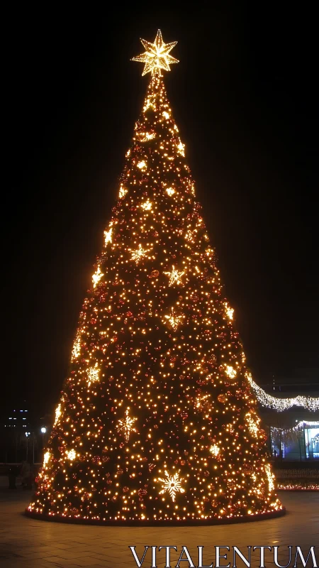 Tall outdoor Christmas tree with dense warm lights.