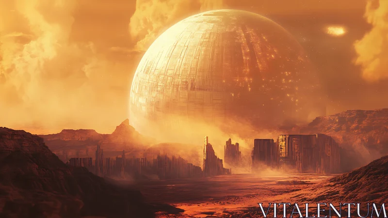 Gigantic illuminated sphere dominates hazy alien desert