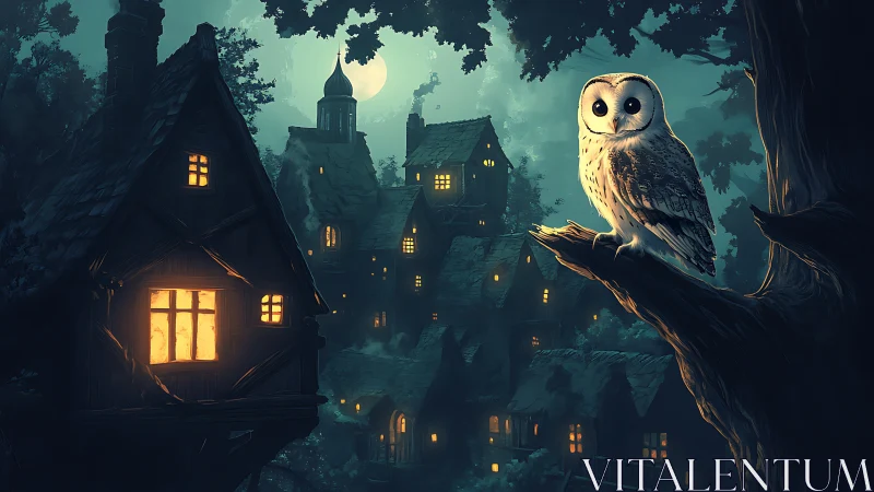 Fantasy nocturne with owl and moonlit village composition.