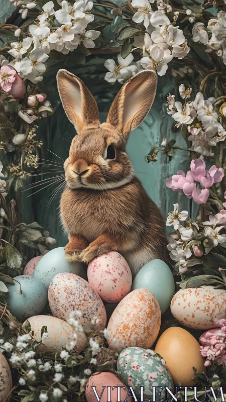 Easter rabbit portrait with speckled eggs and floral wreath.