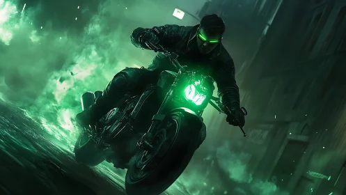 Neon street rider charges forward through glowing green smoke