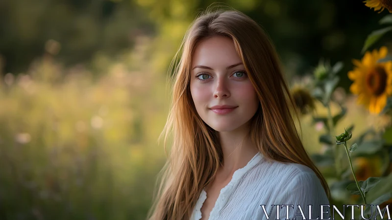 Young woman in white blouse in soft sunflower field portrait.