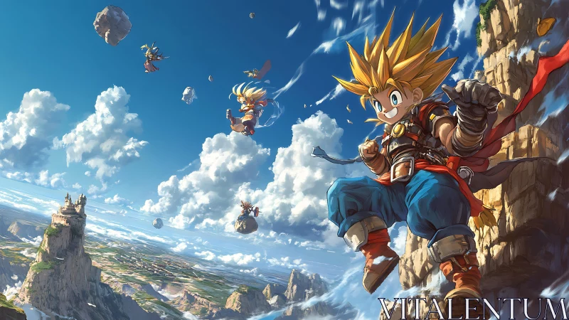 Skybound hero vaults between floating cliffs and wild clouds.