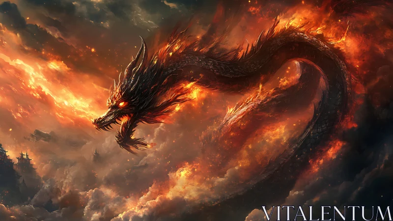 Infernal sky serpent coiling through stormlit fireclouds.