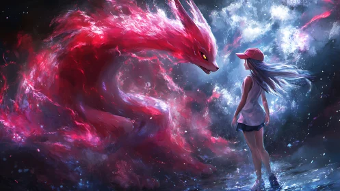 Cosmic fox spirit confronts determined girl in swirling nebula.