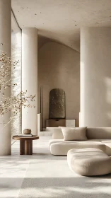 Sunlit minimalist lounge invites quiet moments of soft comfort