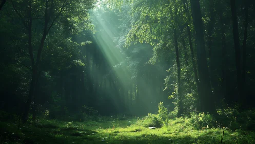 Sunlight Penetrates Dense Forest Canopy in Misty Woodland