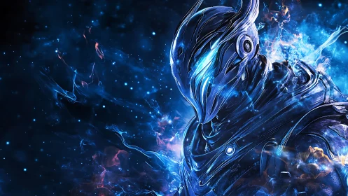 Galactic warrior glows in swirling blue and cosmic flame