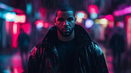 Man in glossy jacket on rainy neon city street at night.