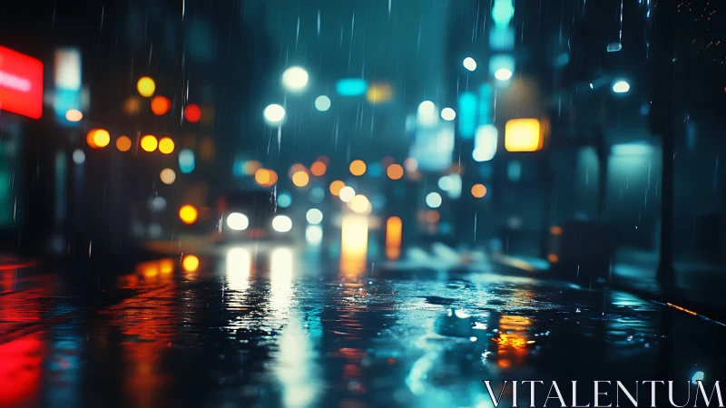 Rain-soaked city street with blurred traffic lights at night.