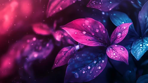 Neon-toned leaves with water droplets under soft light.