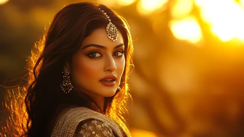 Elegant woman in traditional jewelry at golden sunset.