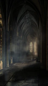 Gothic cathedral corridor catches misty stained glass light