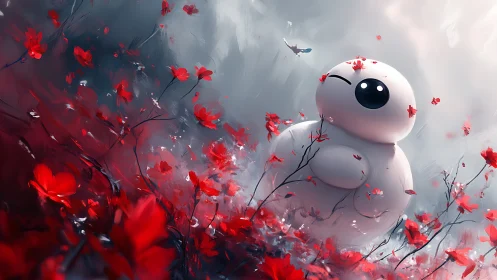 Playful robot drifts through scarlet blossoms and misty light.