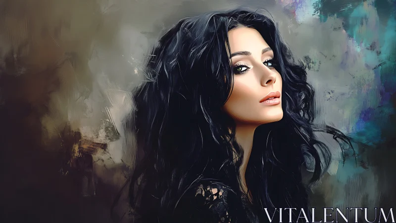 Digital portrait shows dark haired woman against abstract haze