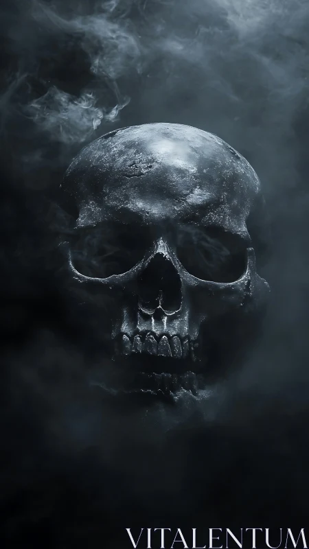 Volumetric-lit skull emerges from dense atmospheric smoke