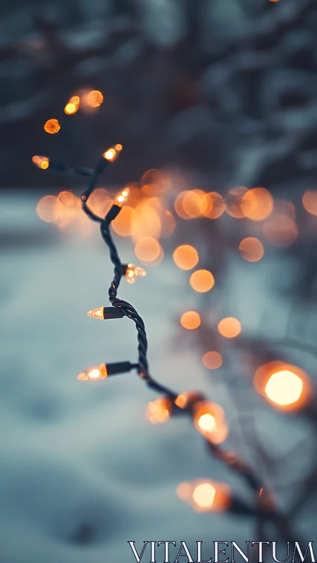 Winter dusk string lights with dreamy bokeh glow outdoors.