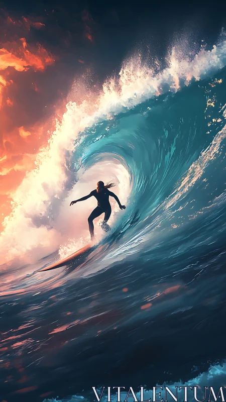 Surfer glides through glowing sunset wave with fearless joy