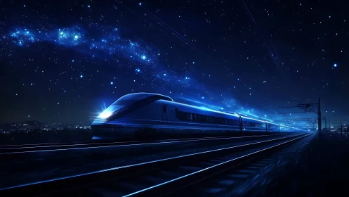 Futuristic bullet train cuts through star-filled midnight sky