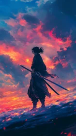 Lone dusk samurai strolling through a sea of painted fire.