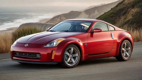 Sunlit red sports coupe parked beside misty coastal road.