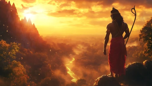 Sunlit warrior overlooks misty river valley at dawn.