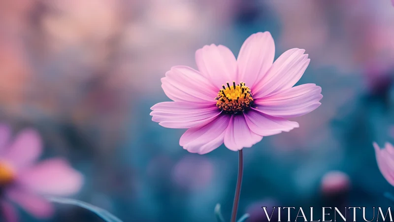 Pink Cosmos Flower with Golden Center in Soft Focus.