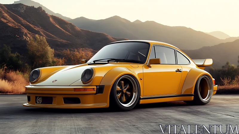 Yellow classic sports car on mountain road at sunset.
