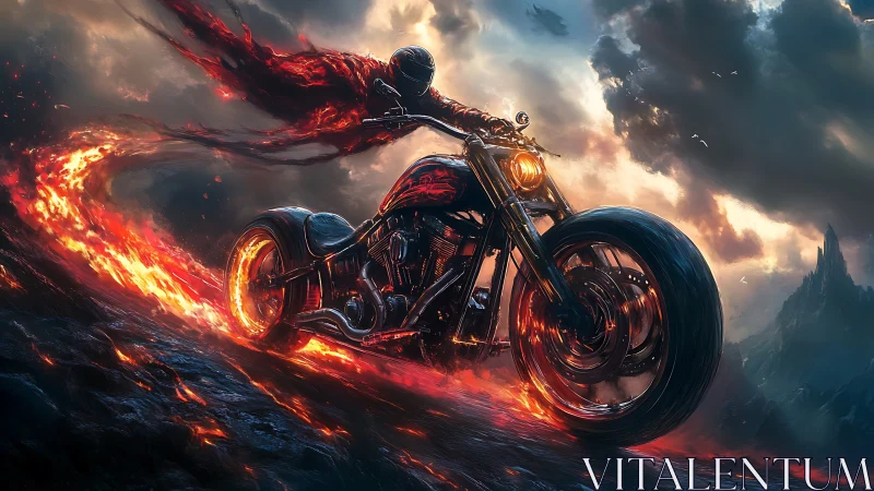Helltrail rider blazing through molten twilight stormscapes.