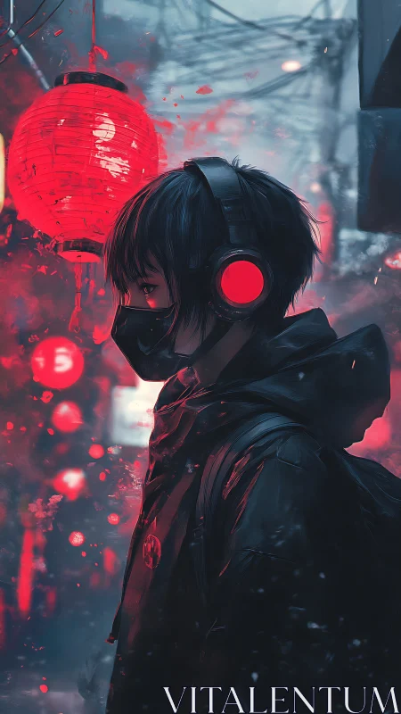 Masked urban wanderer under neon lanterns in cyberpunk alley