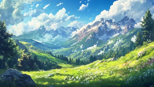 Mountain valley landscape under bright daylight sky.