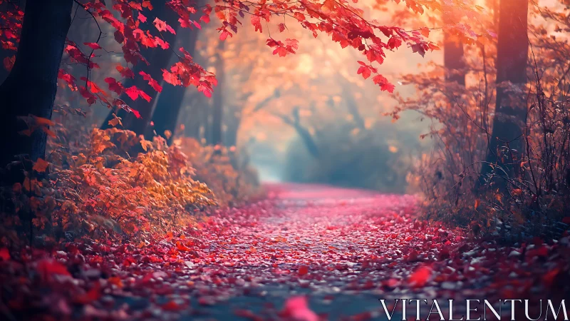 Autumn forest pathway illuminated by golden hour sunlight filtering through crimson foliage