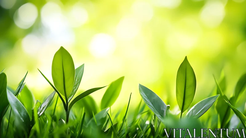 Young green seedlings glow under soft morning bokeh light.