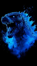 Radiant blue kaiju roars amid explosive glowing energy.