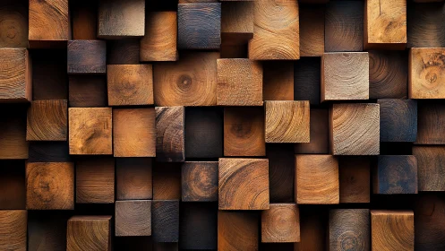 Stacked wooden cubes forming warm geometric wall pattern.