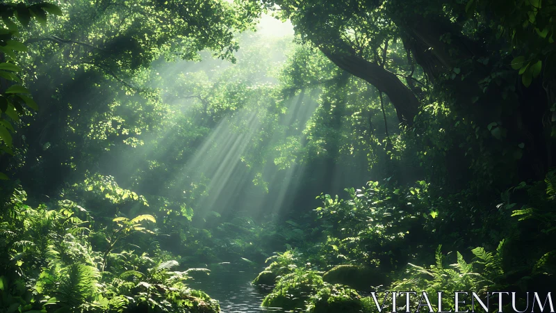 Sunlit Forest Stream with Cathedral Light Rays.