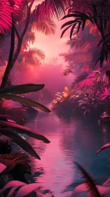 Dreamy pink jungle river glows gently in soft evening light