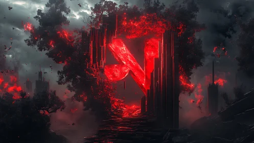 Fiery Dota symbol ignites a stormy, post‑apocalyptic skyline.