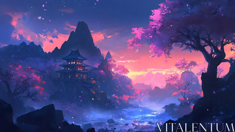 Twilight temple valley under luminous cherry blossom skies.