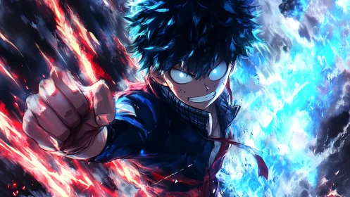 Energetic anime figure extends fist amid red and blue effects