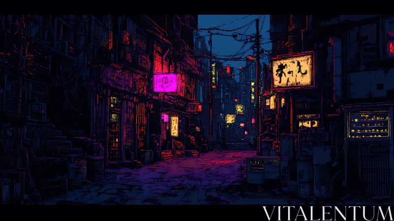 Urban alleyway scene shows neon signage and dense wiring network